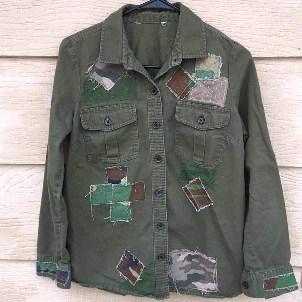 Upcycled camouflage & lace patched boho army utilitarian military shirt jacket